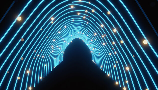 Futuristic tunnel with glowing blue arches and scattered golden lights abstract technology