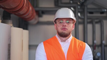 Confident industrial engineer plumber, safety hard hat, vest, glasses. Focused and determined, embodies professionalism and expertise in modern industrial setting.
