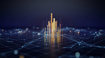 Golden abstract bar graph rising from a digital network grid data chart