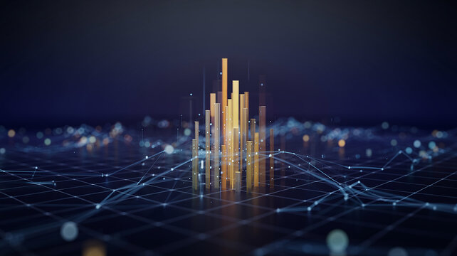 Golden abstract bar graph rising from a digital network grid data chart - Powered by Adobe