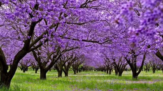 A vibrant landscape of purple jacaranda trees in a field of wildflowers