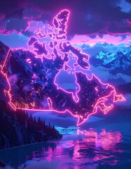 A neon outline of a nation glows against mountains and a lake during a vibrant sunset. Reflections show in the water