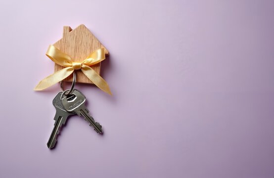 Two keys with a golden bow are on violet backdrop. The new apartment purchase celebrated. Home shaped keychain symbolises mortgage investment and real property. Moving to a new house concept.