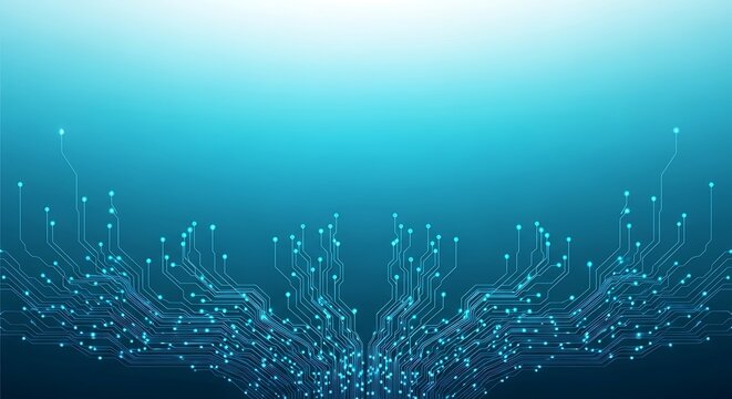 Abstract technology background with circuit board pattern, blue digital data visualization, futuristic network connection, and communication concept