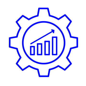 bar garph with a arrow and setting icon in navy blue color on transparent backgoround for improve, growth, improvement, performance, assessment icon concepts