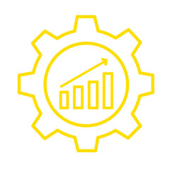 bar garph with a arrow and setting icon in yellow color on transparent backgoround for improve, growth, improvement, performance, assessment icon concepts