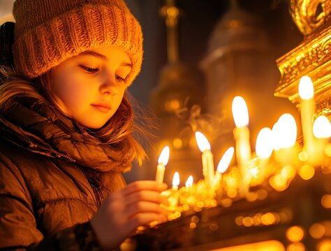 Little girl lighting candles in warm golden light, symbolizing remembrance, hope and quiet faith; perfect for holiday cards, spiritual articles or campaigns about tradition and family. - Powered by Adobe