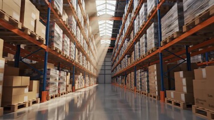 Empty modern warehouse with tall shelves filled with packaged cardboard boxes under sunlit skylights. Industrial storage facility with stock for logistics and supply chain. - Powered by Adobe