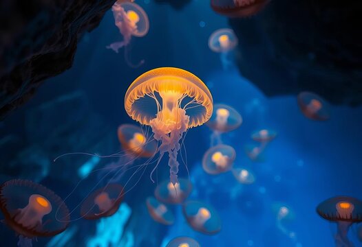 Ethereal, bioluminescent jellyfish drift in an underwater cavern,  blue,  fantasy