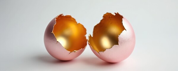Pink Easter egg cracked open. Golden yellow inside. Clean white background. Broken eggshell halves. Colourful festive decoration. Spring holiday celebration. Empty egg for custom message.