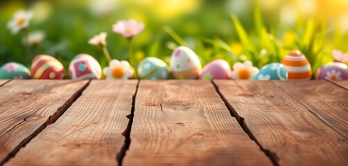 Empty wooden table surface with blurred colorful Easter eggs in the background.