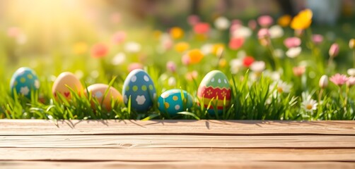 A wooden table surface with a blurred background of colorful Easter eggs, green grass, and a bright spring meadow in the sun.