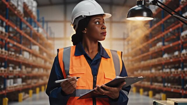 African american woman worker checking inventory with clipboard and pen in warehouse for logistics management
