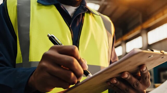 African american man in a safety vest writing on a clipboard in a warehouse. Warehouse worker making inventory check.