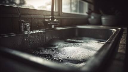 Washing Dishes in a Sink With Running Water and Foam During Afternoon Light