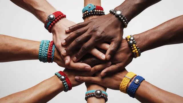 Diverse group of hands stacked together wearing colorful beaded bracelets
