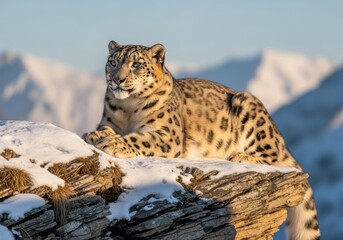 Obraz premium Snow leopard resting on rocky ledge dusted with snow