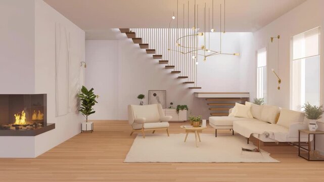 A modern interior design with a staircase and fireplace in the living room
