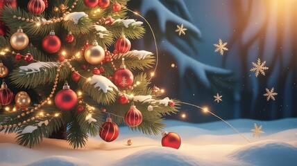 Merry christmas and happy new year card with copy-space.Happy snowman standing in christmas landscape.Snow background