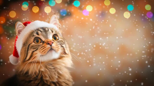 A cute cat wearing a Christmas Santa red hat, sitting near the Christmas Tree. Festive Christmas atmosphere.