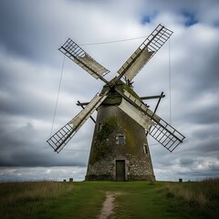 Fototapeta premium Old Windmill Standing Tall Against a Dramatic Cloudy Sky.