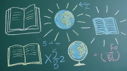 Chalkboard drawing of open books, a globe, math equations, and radiating sunburst design - Powered by Adobe