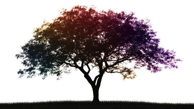 Colorful tree silhouette with grass isolated on a transparent background