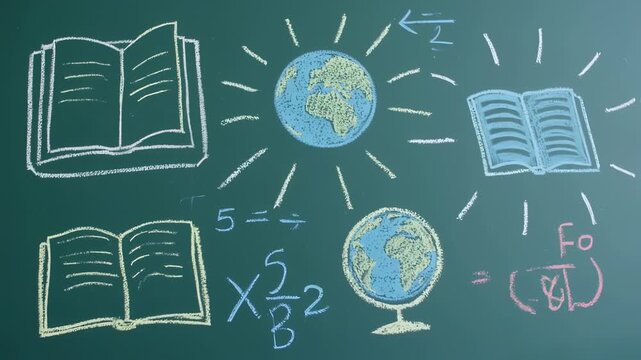 Chalkboard drawing of open books, a globe, math equations, and radiating sunburst design
