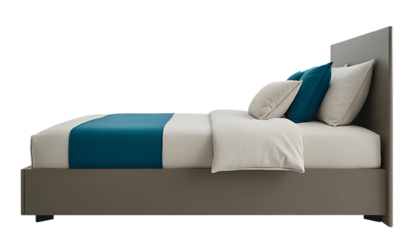 Side profile view of a modern single bed with a teal blue satin pillow and bed runner, isolated. 3D render. 

