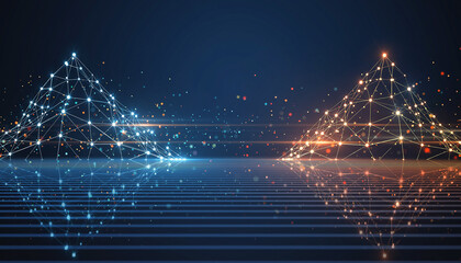 Two abstract glowing network mountains reflecting on a digital surface image photo