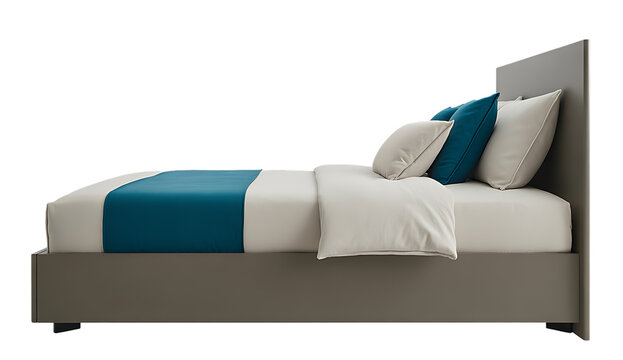 Side profile view of a modern single bed with a teal blue satin pillow and bed runner, isolated. 3D render. 
