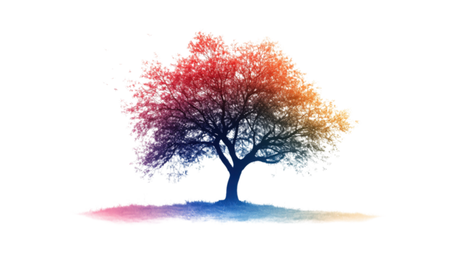 Colorful tree silhouette with red shape isolated on a transparent background - Powered by Adobe
