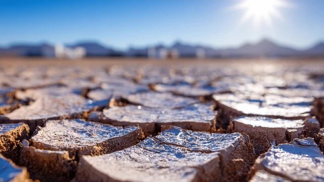 Cracked Earth in the Desert: The sun beats down on a cracked, arid desert landscape, illustrating the harsh effects of drought and the resilience of the earth.