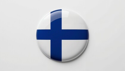 Obraz premium Finland flag round button, glossy finish, blue and white colors, modern design, copy space