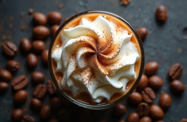 Top view glass of Irish coffee with whipped cream and cocoa powder. Coffee beans surround drink on dark surface. Hot caffeinated beverage looks delicious and inviting for winter.