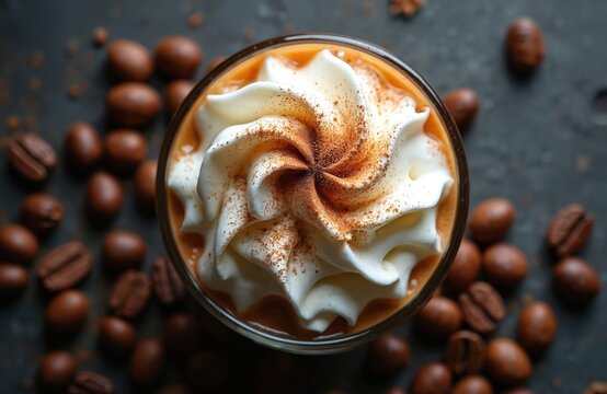 Top view glass of Irish coffee with whipped cream and cocoa powder. Coffee beans surround drink on dark surface. Hot caffeinated beverage looks delicious and inviting for winter.