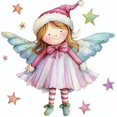 Fototapeta premium A simple children's drawing of an angel in a pink outfit on a white background. Clip art.