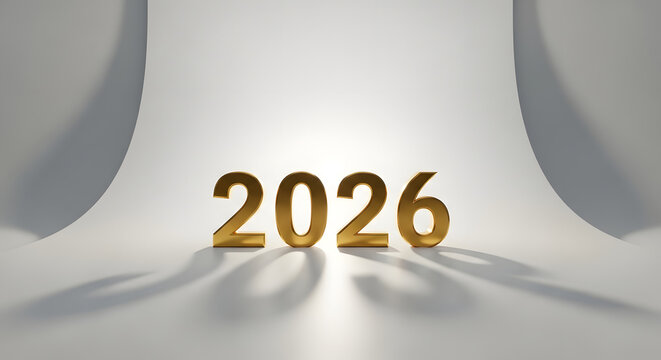 Golden 2026 Numbers on White Background with Dynamic Lighting
