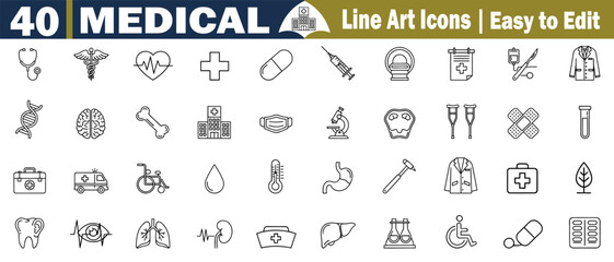 Fototapeta premium Set of 40 Medical Icons Linear Style Stethoscope, Caduceus, Heartbeat, Cross Capsule, Syringe, Tomography, Healthcare Report, Treatment, Intravenous, Surgeon Coat, DNA and more vector illustration. 