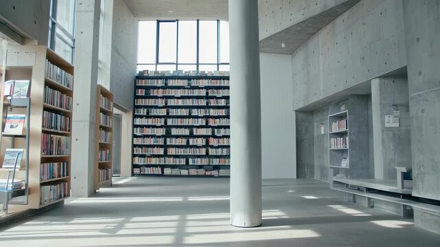 Modern library interior with concrete walls and wooden bookshelves