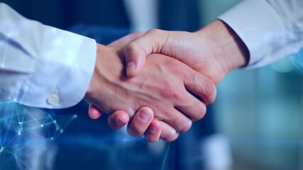 Two people shaking hands, with a digital network overlay - Powered by Adobe