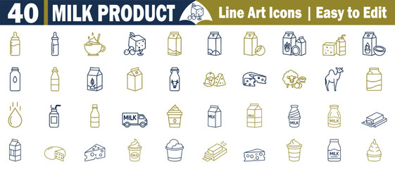 Set of 40 Milk Product Line Art Icons. Easy to Edit: Dairy, Drink, Food, Packaging, Cow, Bottle, Cream, Cheese, Butter, Ice Cream, Farm, Nutrition, Container, Grater, Liquid