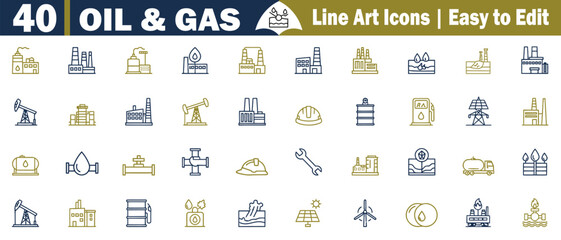 Oil and Gas Industry Line Icons Set Vector Illustration. Depicting Energy Production and Refining Processes in Modern Flat Design for Web, Apps, and Graphic Design elements. 