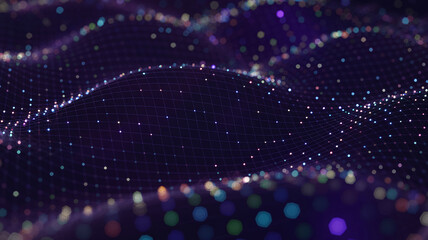 Wavy digital network of glowing colorful dots and lines on a dark purple background abstract