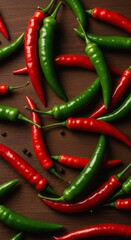 A colorful arrangement of fresh red and green chili peppers, scattered on a wooden surface, highlighting spicy cooking ingredients and agricultural harvest ,background ,red ,capsaicin