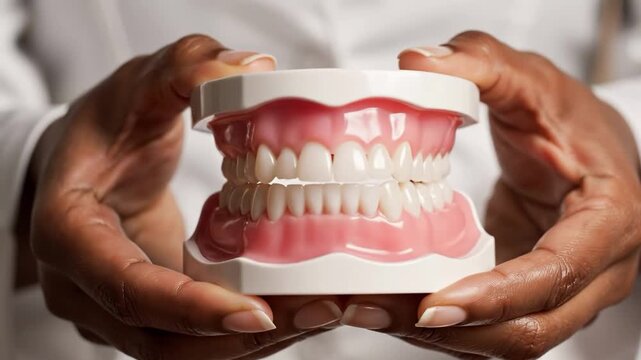 Dentist holding a set of dentures in her hands with a white background