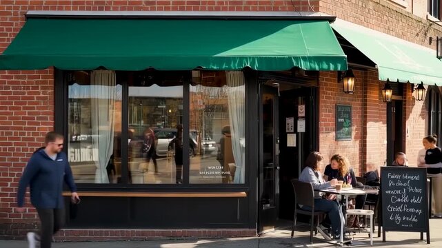 Outdoor cafe with green awning and brick building