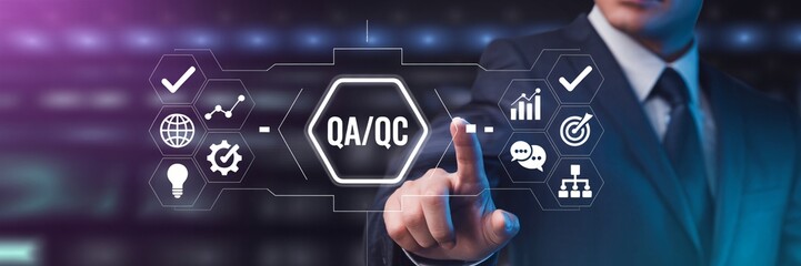Confident businessman activates QA QC digital interface for quality control and assurance in modern professional setting