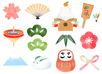 Watercolor illustration set of autumn animals and plants: Kagami mochi, Daruma, Mt. Fuji, Hagoita, Koma, Pine, Bamboo, Plum, and Cherry Blossoms