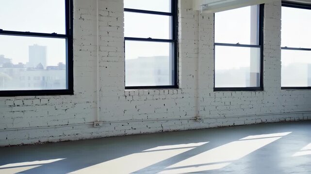 Empty room with whitewashed brick walls and multiple windows overlooking a hazy cityscape